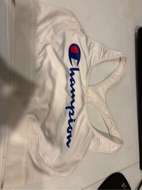 Champion White Sports Bra with Blue Script and Red Emblem